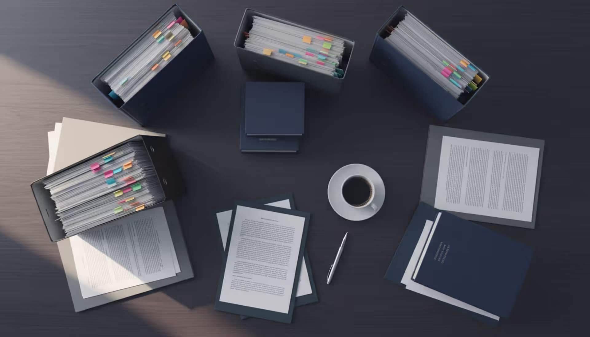 Lawyer desk with open legal folders, law books with bookmarks, pen, and coffee cup in professional office setting
