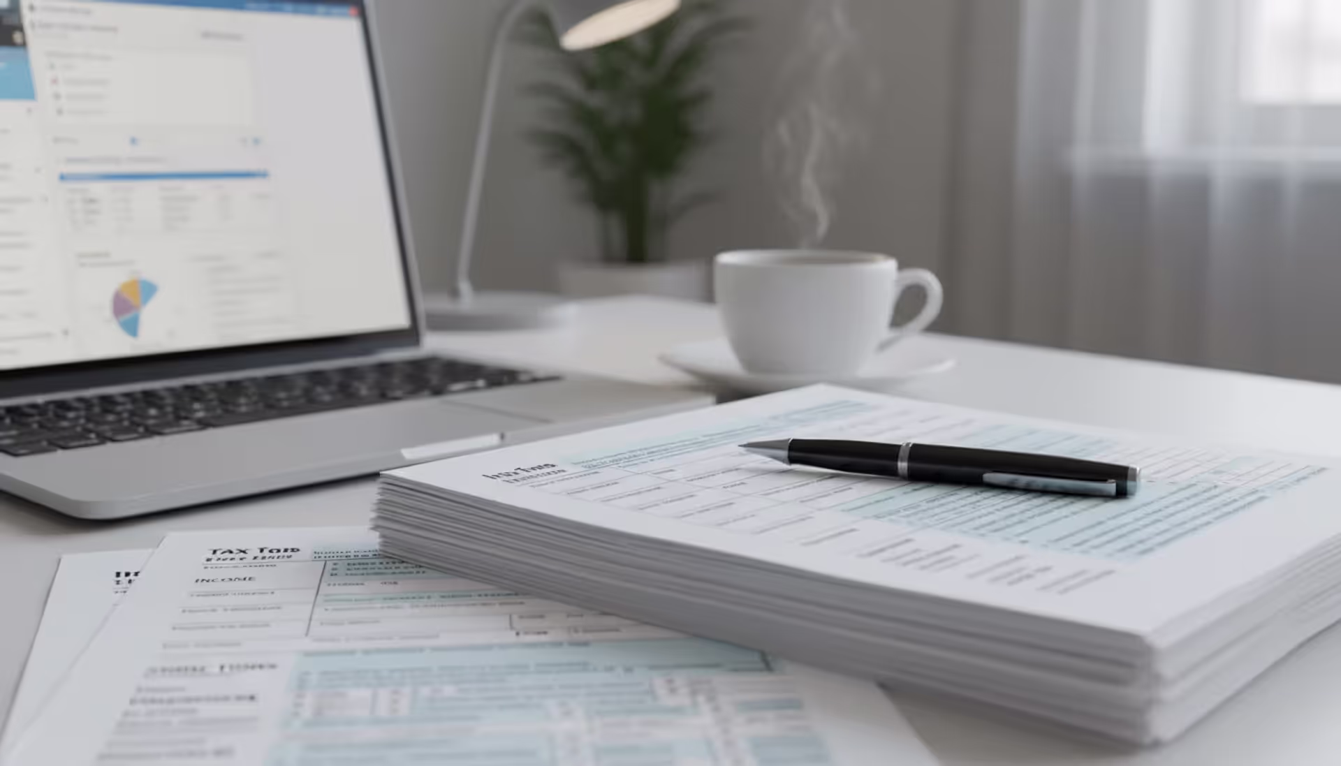 Small business owner desk with tax forms, laptop showing accounting software, pen and coffee cup in modern office setting